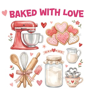 Könnte beinhalten: Eine digitale Illustration mit Backutensilien. Ein roter Küchenmixer, herzförmige Kekse und verschiedene Backwerkzeuge sind abgebildet. Der Schriftzug "BAKED WITH LOVE" steht in Rosa über den Objekten. Herzen und florale Akzente ergänzen das Design.