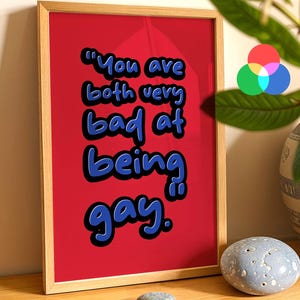May include: A framed print with the quote "You are both very bad at being gay" in blue text with a black outline on a red background. The frame is made of light-colored wood. A decorative vase and stone are in the background.