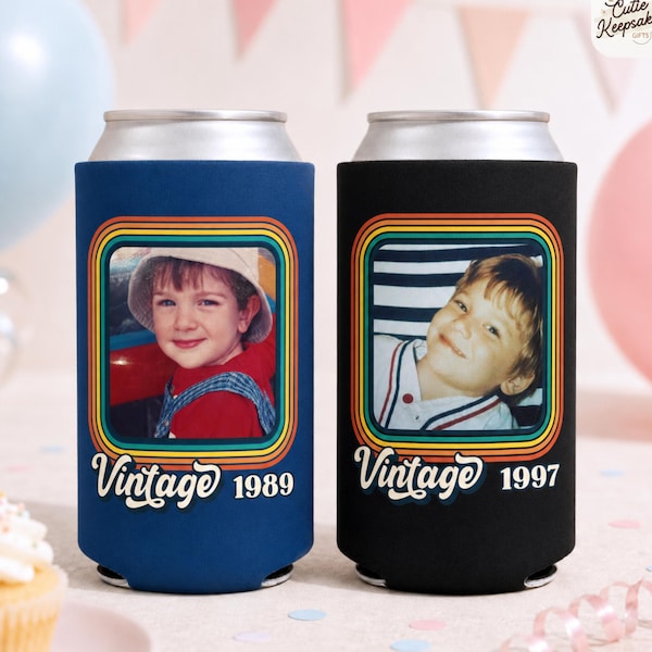 Personalized Retro Photo Can Cooler, Vintage Birth Year Slim Can Sleeve, Custom Childhood Photo, 30th 40th Birthday Drink Holder Gift