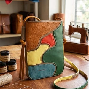 Könnte beinhalten: Handgefertigte Leder-Umhängetasche mit Patchwork-Design in Braun-, Rot-, Gelb-, Grün- und Blautönen. Die Tasche hat einen langen Riemen und wird auf einer Lederoberfläche präsentiert. Das Bild zeigt auch Lederhandwerkzeuge. Abmessungen: ca. 20 cm x 25 cm.