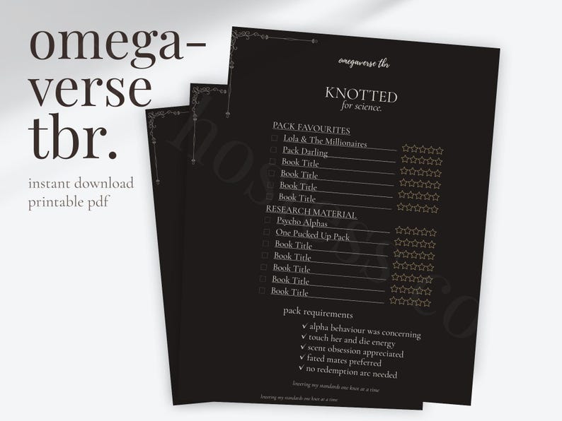 Omegaverse TBR printable cover page featuring a black and gold BookTok-inspired reading tracker design with “Books That Will Ruin Me,” pack romance aesthetic, fated mates themes, and luxury dark editorial styling for omegaverse readers and Kindle Unlimited fans.