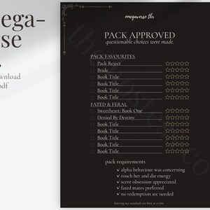 Pack romance TBR printable page featuring omegaverse reading recommendations, fated mates books, reverse harem and why choose romance themes, BookTok-inspired reading journal layout with printable star tracker and checklist design.