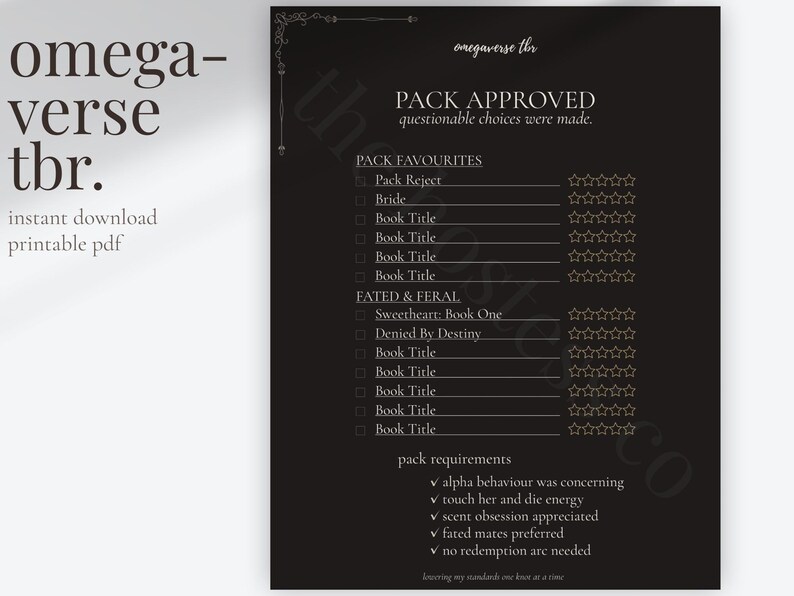 Pack romance TBR printable page featuring omegaverse reading recommendations, fated mates books, reverse harem and why choose romance themes, BookTok-inspired reading journal layout with printable star tracker and checklist design.
