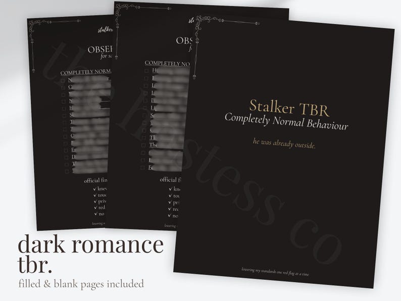 Dark romance reading tracker page with curated stalker romance book recommendations, reading checklist boxes, star rating system, and humorous “official findings” section in a black and gold design.