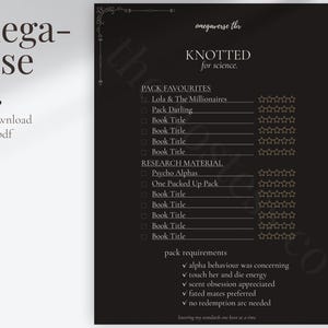 Omegaverse reading tracker printable featuring a KNOTTED TBR page with curated pack romance and knotting book recommendations including Pack Darling, Lola & the Millionaires, Bad Alpha and BookTok favorite omegaverse reads. Printable book journal with star ratings and reading checklist layout.