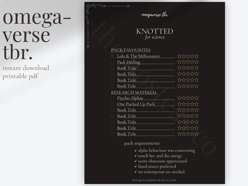 Omegaverse reading tracker printable featuring a KNOTTED TBR page with curated pack romance and knotting book recommendations including Pack Darling, Lola & the Millionaires, Bad Alpha and BookTok favorite omegaverse reads. Printable book journal with star ratings and reading checklist layout.