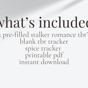Product details page showing contents of a dark romance reading tracker printable, including two pre-filled stalker romance TBR lists, a blank tracker, spice tracker, printable PDF, instant download.