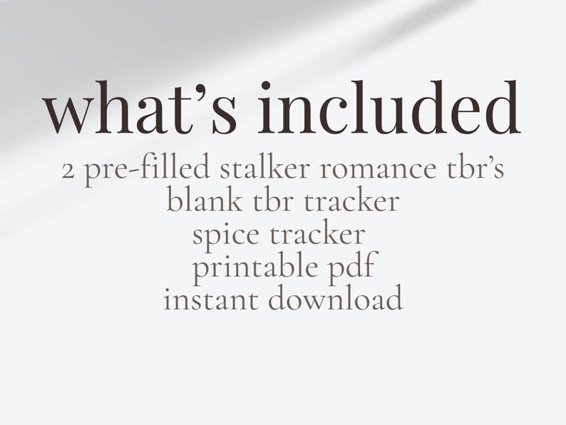 Product details page showing contents of a dark romance reading tracker printable, including two pre-filled stalker romance TBR lists, a blank tracker, spice tracker, printable PDF, instant download.