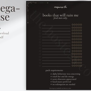 Blank omegaverse TBR tracker page with reading checklist, star rating tracker, black and gold luxury design, printable BookTok reading journal page for pack romance readers and Kindle Unlimited users.