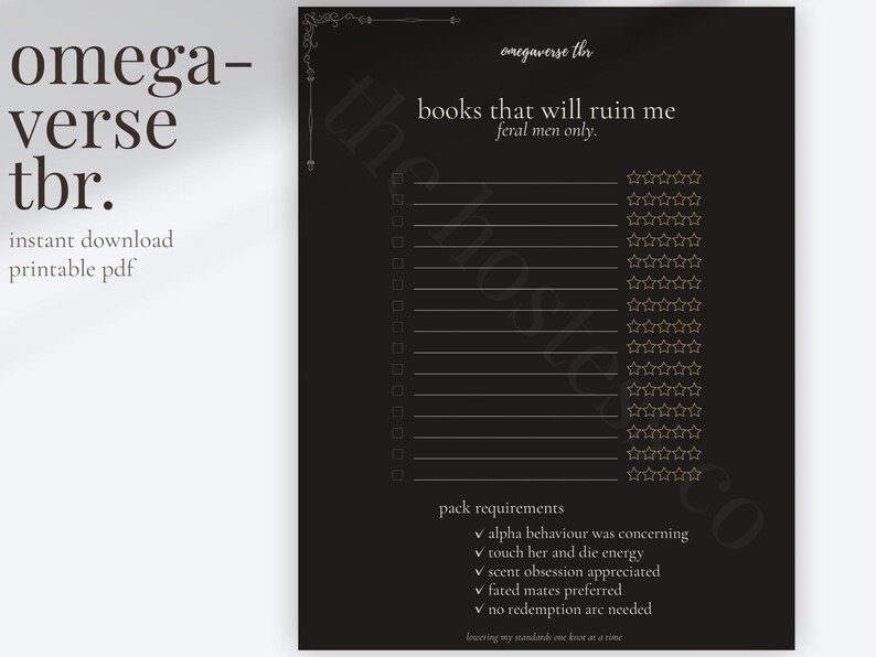 Blank omegaverse TBR tracker page with reading checklist, star rating tracker, black and gold luxury design, printable BookTok reading journal page for pack romance readers and Kindle Unlimited users.