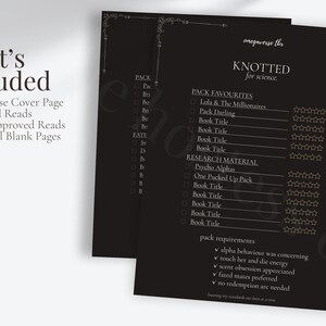 Printable Omegaverse TBR bundle preview showing included pages such as KNOTTED, PACK APPROVED, blank reading tracker pages and BookTok-inspired pack romance journal pages designed for omegaverse readers.
