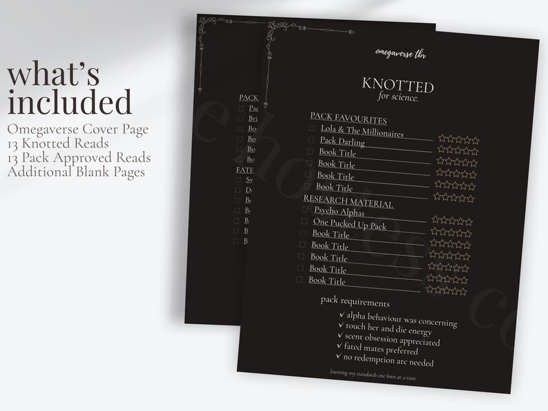 Printable Omegaverse TBR bundle preview showing included pages such as KNOTTED, PACK APPROVED, blank reading tracker pages and BookTok-inspired pack romance journal pages designed for omegaverse readers.