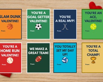 Sports Valentine Cards for Kids Printable | Classroom Exchange Valentines | Soccer Basketball Baseball Football Hockey