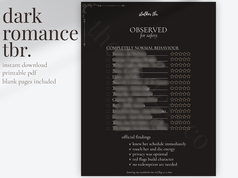 Dark romance stalker TBR printable featuring a black and gold aesthetic with pre-filled reading lists, blank tracker pages, and a “Completely Normal Behaviour” themed cover page for BookTok readers.