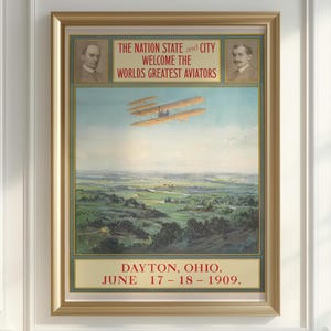 Vintage Aviation Poster, Wright Brothers Aviators Print, 1909 Dayton Ohio Biplane Art, Historical Flight, Early Airplane Wall Decor.
