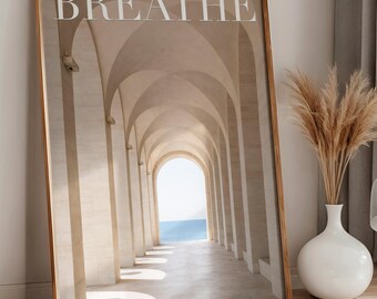 Meditations-Wandkunst, gewölbte Architektur-Meerblick-Plakat, minimalistischer Küstendruck