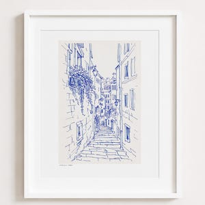 Kunstdruck in einer Gasse, minimalistische blaue Linie Umbrien, Italien
