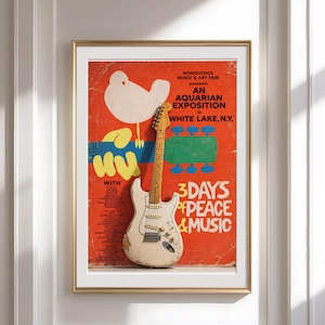 Woodstock poster with electric guitar, listing performers and dates.