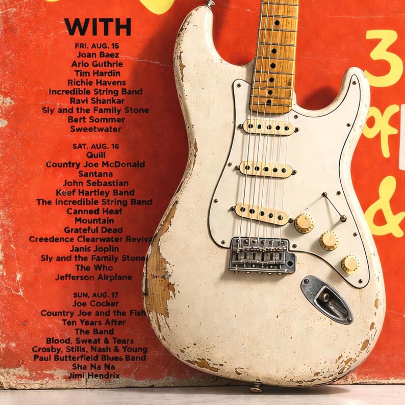 Vintage electric guitar with a concert listing featuring Jimi Hendrix and others.