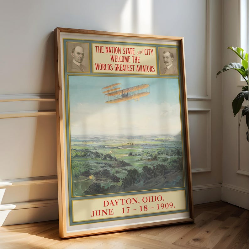 Vintage Aviation Poster, Wright Brothers Biplane Art, 1909 Dayton Ohio Aviators Print, Early Flight History Decor, Airplane Gift
Vintage