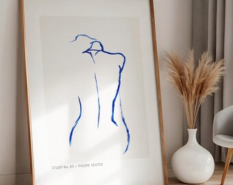Blue Line Art Woman Print, Minimalistische Sitzende Figur Poster