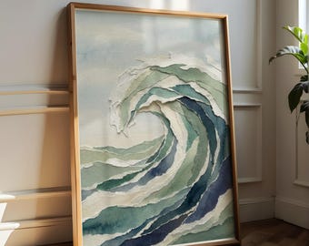 Collage de olas del océano en papel en capas, lámina mural costera texturizada, arte mural de mar verde y azul