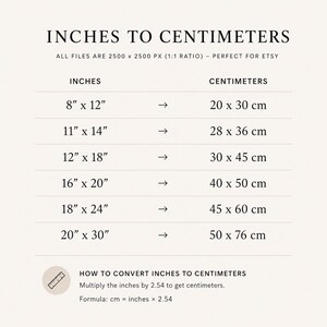K&ouml;nnte beinhalten: Eine Umrechnungstabelle mit dem Titel INCHES TO CENTIMETERS f&uuml;r g&auml;ngige Druckgr&ouml;&szlig;en. Sie zeigt die Umrechnung von 8x12, 11x14, 12x18, 16x20, 18x24 und 20x30 Zoll in Zentimeter. Sie enth&auml;lt die Formel cm = inches x 2.54 und 2500 x 2500 px.