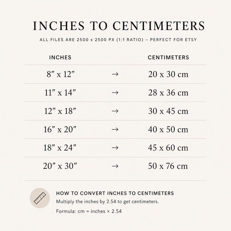 K&ouml;nnte beinhalten: Eine Umrechnungstabelle mit dem Titel INCHES TO CENTIMETERS f&uuml;r g&auml;ngige Druckgr&ouml;&szlig;en. Sie zeigt die Umrechnung von 8x12, 11x14, 12x18, 16x20, 18x24 und 20x30 Zoll in Zentimeter. Sie enth&auml;lt die Formel cm = inches x 2.54 und 2500 x 2500 px.