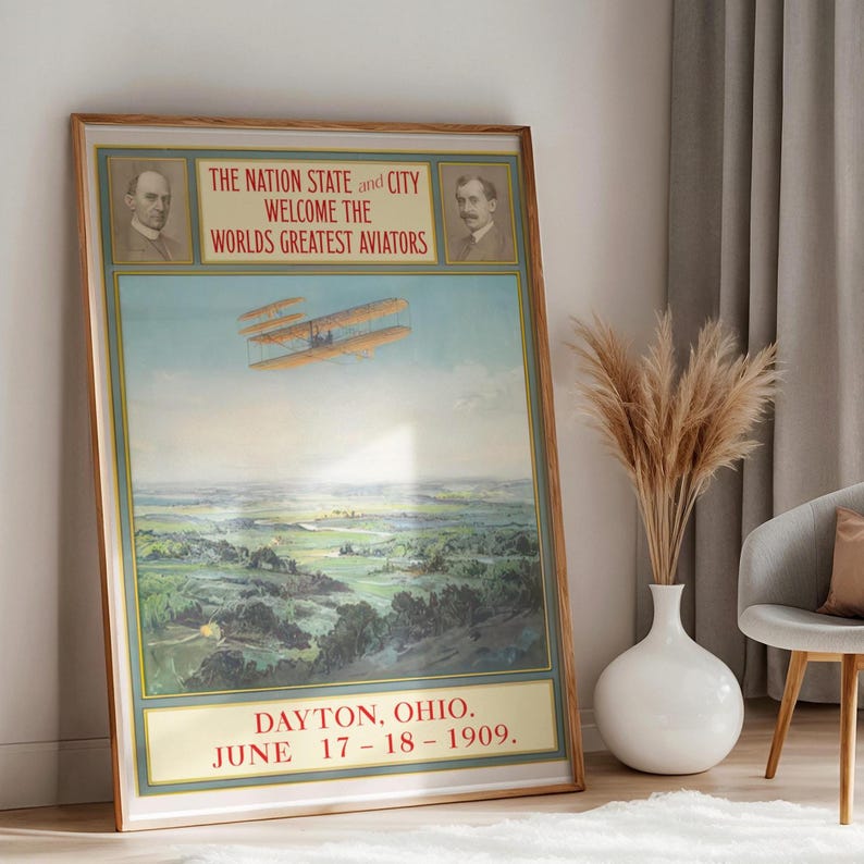 Vintage Aviation Poster, Wright Brothers Biplane Print, Dayton Ohio 1909, Historical Aviator Art, Early Flight Pilot Gift
Vintage Aviation