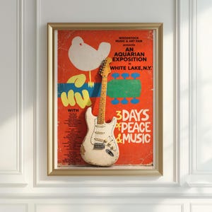 Woodstock music festival poster with guitar and bird graphic.