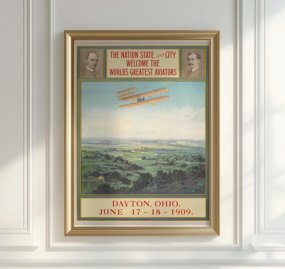 Vintage Wright Brothers Wall Art, 1909 Aviation Print, Dayton Ohio Biplane History Poster