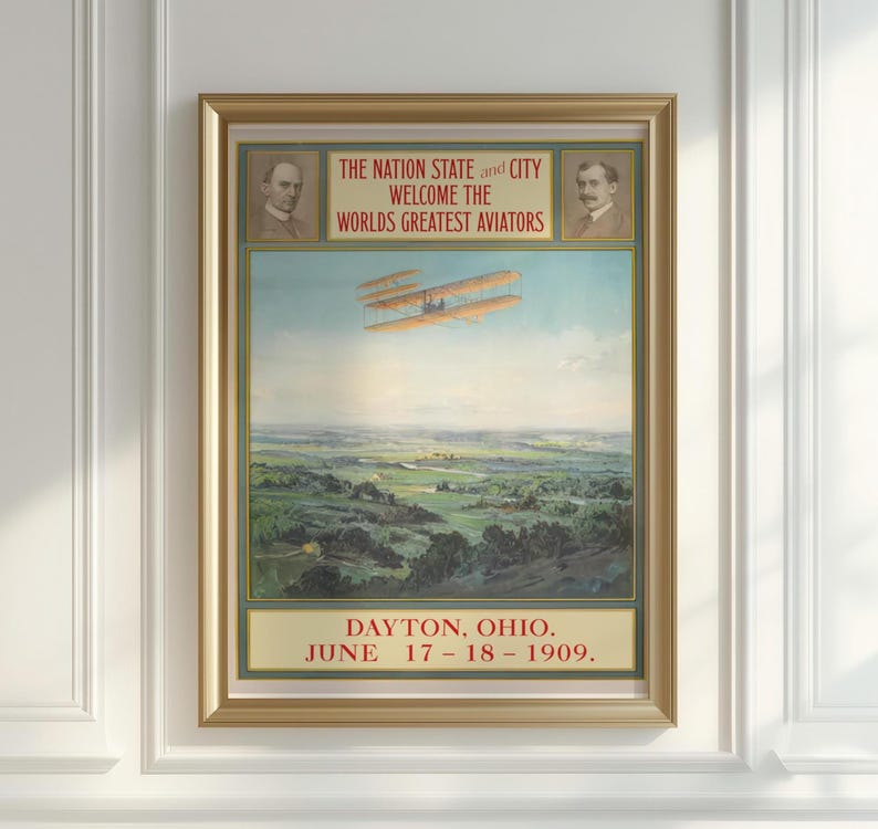 Vintage Aviation Poster, Wright Brothers Aviators Print, 1909 Dayton Ohio Biplane Art, Historical Flight, Early Airplane Wall Decor.