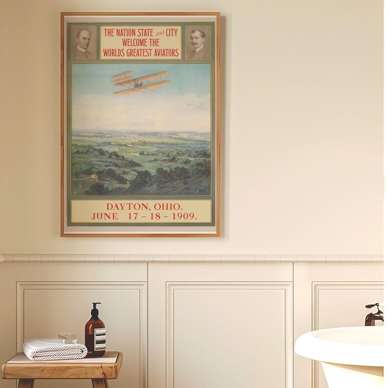 Vintage Aviation Poster, Wright Brothers Art, Early Biplane Print, Dayton Ohio History, Aeroplane Decor, Flight Pioneers, 1909 Event Wall