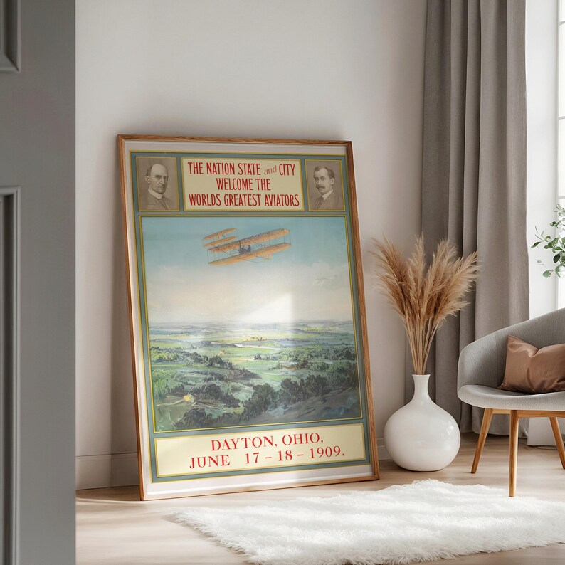 Vintage Aviation Poster, Wright Brothers Print, Dayton Ohio 1909, Biplane Aircraft Art, Historical Early Flight, Retro Aviator Gift