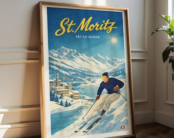 St Moritz Ski Poster, Vintage Swiss Alps Travel Art