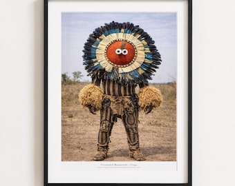 Kongo Maskerade Maske Kunstdruck, afrikanisches Stammes-Ritual-Kostüm Fotografie Wandkunst, ethnisches kulturelles Dekor, Boho Haus Geschenk