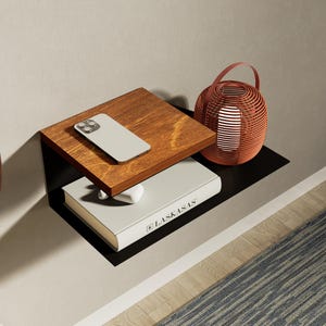 Étagère flottante en métal et bois : Table de chevet murale à deux niveaux, étagère de rangement ouverte pour chambre à coucher