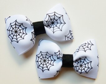 black and white spider web hair bows--2.5 inch haloween tuxedo-- spooky party favors or halloween costume