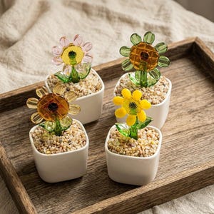 Handcrafted Glass Sunflower Figurine, Ceramic Pot Desk Decor, Mini Potted Plant, Summer Garden Home