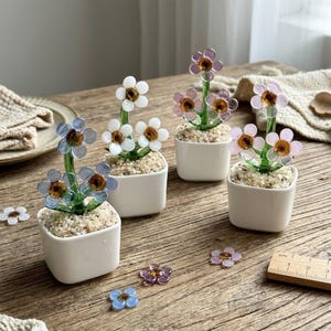 Pianta di margherita in vetro soffiato a mano, con tre fiori, miniatura decorativa da scrivania.