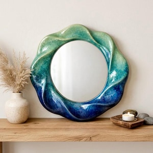Handmade Ceramic Wall Mirror – Green & Blue Organic Design