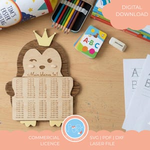 Puede incluir: Una tabla de multiplicar de madera con forma de pingüino con una corona. La tabla tiene el texto "Mein kleines 1x1". Otros elementos incluyen un estuche, lápices de colores, tarjetas didácticas, una goma de borrar y papeles.
