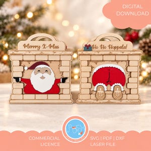 Laserfil jultomten, julklappsask med öppen spis, 3D-julklappsask, julklappsask SVG, flerskiktsdesign