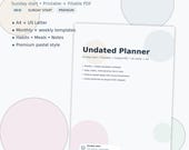 Undated Planner Printable & Fillable PDF | Sunday Start | US Letter + A4 | Weekly and Monthly Planner | Habit Tracker, Meal Planner, Notes