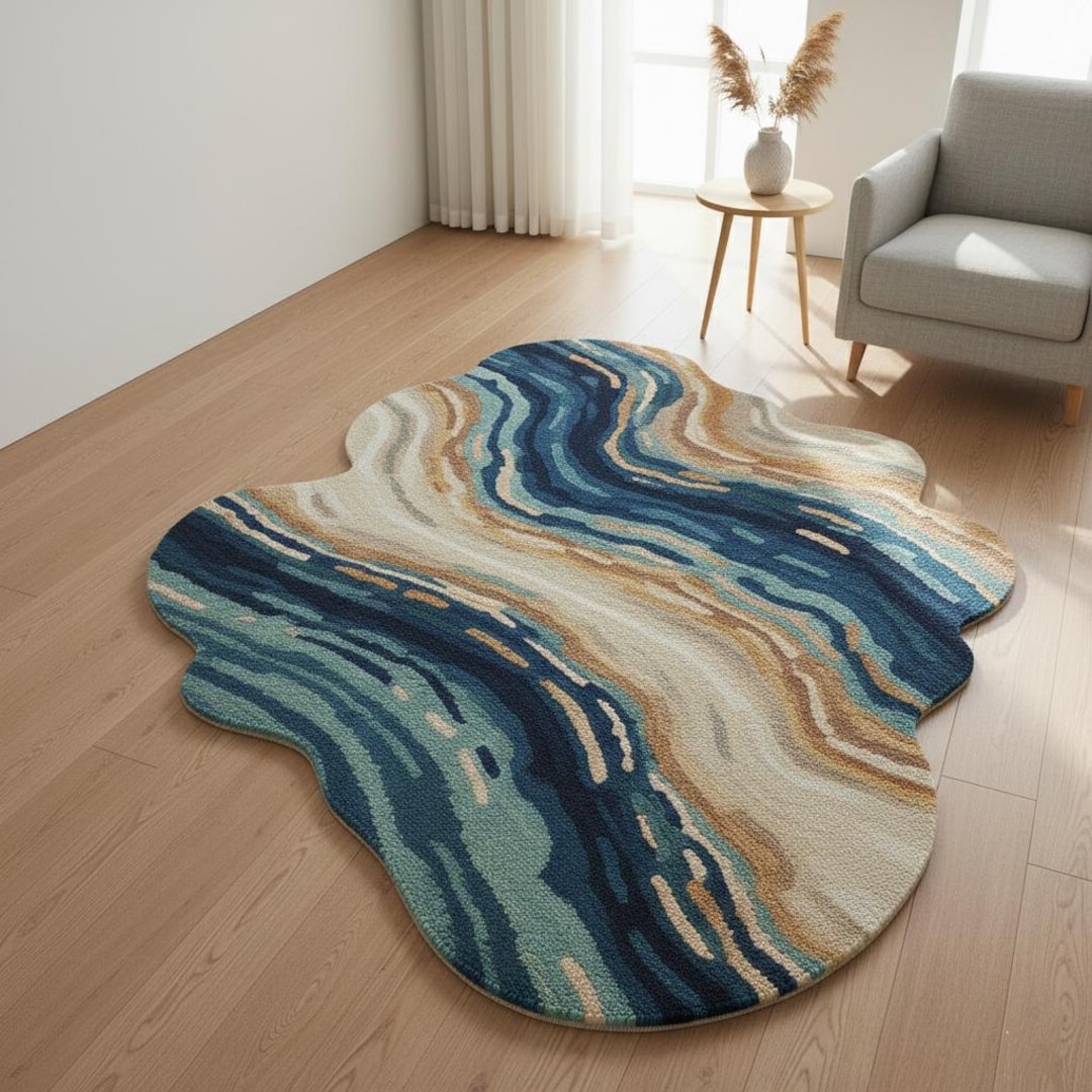 Hand Tufted Abstract Wave Rug – Modern Blue, Beige & Teal Wool Area Rug ...