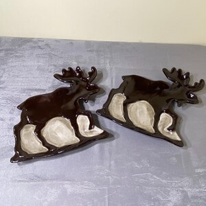 Woodland HOME Studio Ceramic Moose Plates Set of 2 Brown Hand Painted Cabin Dish