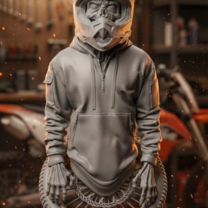 May include: A gray sculpture of a figure wearing a motorcycle helmet with a skull-like face, a hoodie, and skeletal hands. The figure is mounted on a motorcycle wheel. The background shows a workshop with tools and a motorcycle.