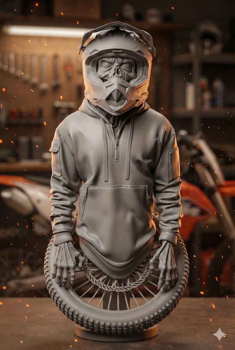 May include: A gray sculpture of a figure wearing a motorcycle helmet with a skull-like face, a hoodie, and skeletal hands. The figure is mounted on a motorcycle wheel. The background shows a workshop with tools and a motorcycle.