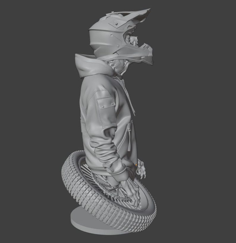May include: A gray sculpture of a person wearing a motocross helmet and a hooded jacket, leaning on a tire. The tire is mounted on a round base. The sculpture is a 3D rendering.