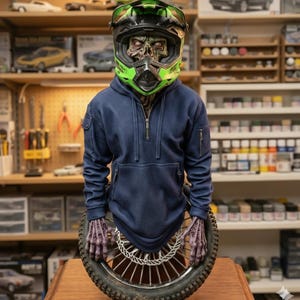 May include: A Halloween-themed display featuring a figure with a skull mask wearing a navy blue hooded sweatshirt and a green and black motocross helmet. The figure is holding a motorcycle wheel with a tire and a silver disc brake.